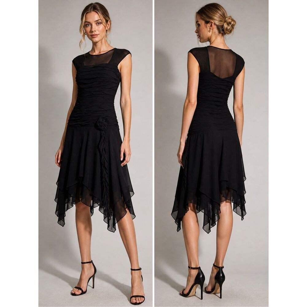 NWT SANGRIA Black Chiffon Dress Sz 8 Elegant Ruched Cocktail Party Asymmetrical